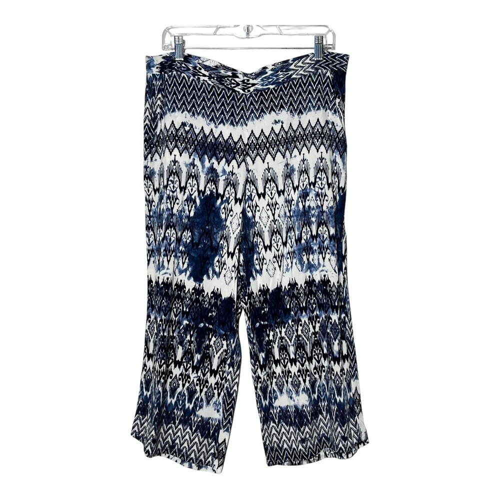 By & By Womens XL Blue White Ikat Batik Wide Leg Palazzo Pants Smocked 1063F61